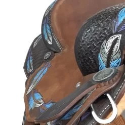 Alamo Saddlery Feather Barrel Saddle -Western Tack Outlet Store feather barrel brown blue detail FEATHER alamo 36570.1650659582