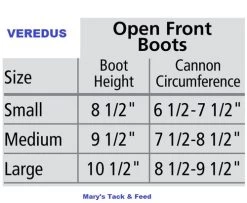Veredus Olympus Vento Open Front Boots -Western Tack Outlet Store size chart front boot chart veredus 25881.1680739454